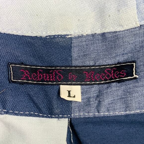 NEEDLES L Blue Light Blue Patchwork Deconstructed Cotton Blend Long Sleeve Shirt - Picture 9 of 10